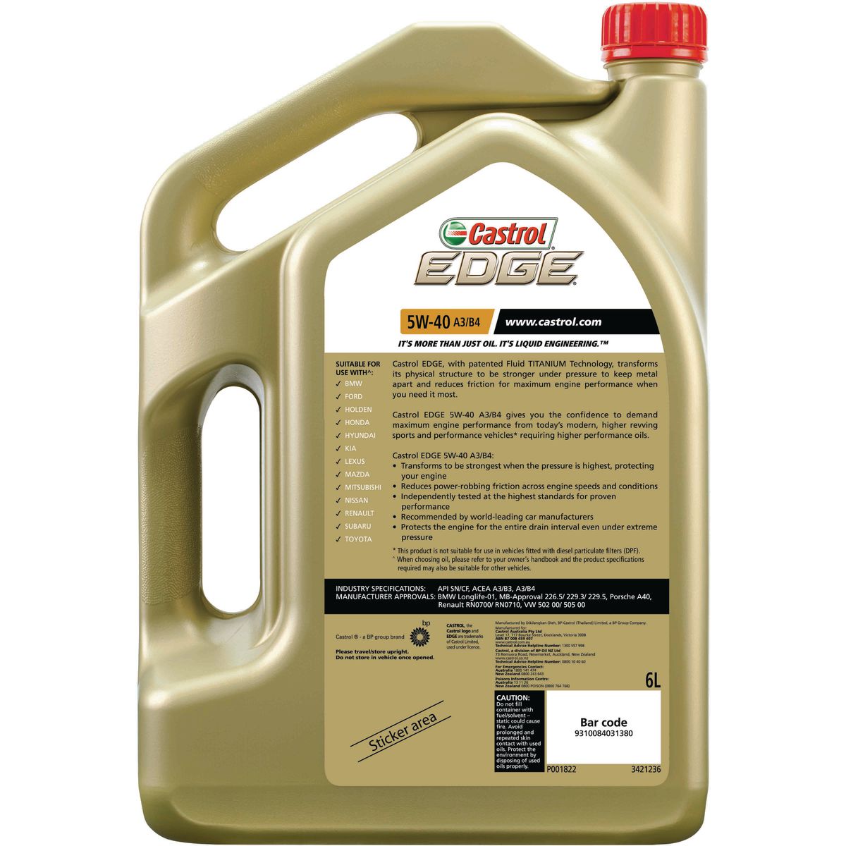 Castrol EDGE 5W-40 Full Synthetic Engine Oil 6L 3421236