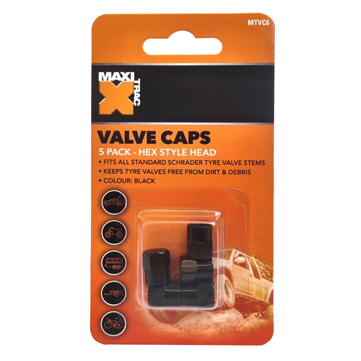 Maxi Trac Hexagon Black Valve Caps 5 Pack MTVC6