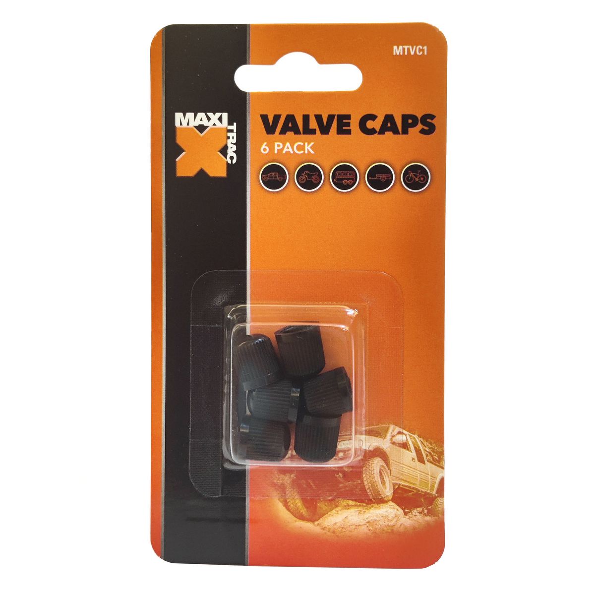 Maxi Trac Plastic Black Valve Caps 6 Pack MTVC1