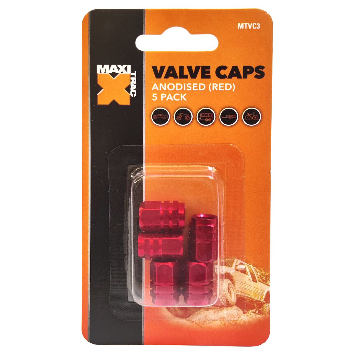 Maxi Trac Anodised Hex Red Valve Caps 5 Pack MTVC3