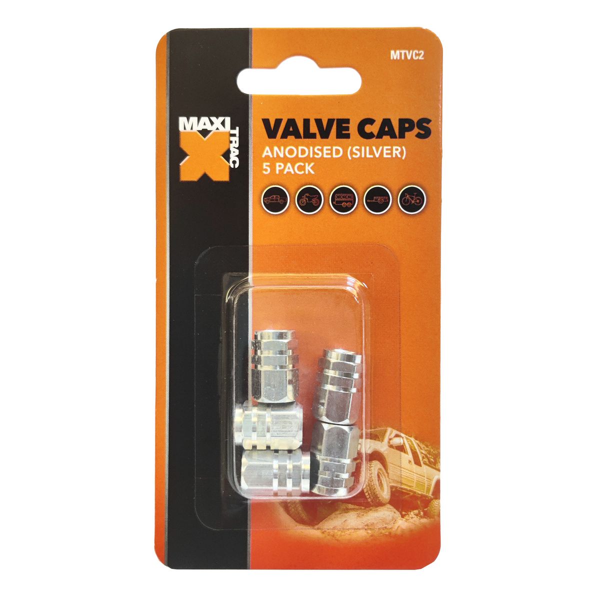 Maxi Trac Anodised Hex Silver Valve Caps 5 Pack MTVC2