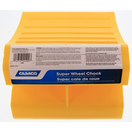 Camco Wheel Chock Extra Large Yellow Bilingual 5.5x8.5x10in. For Up to 29in. Dia Tires 44492