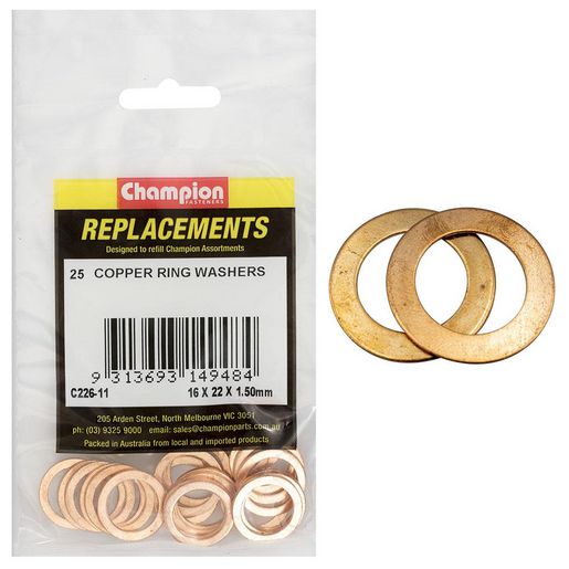 Champion Fasteners Washer Thin Flat Copper M16 X 22 X 1.5mm Refill Pack C226-11