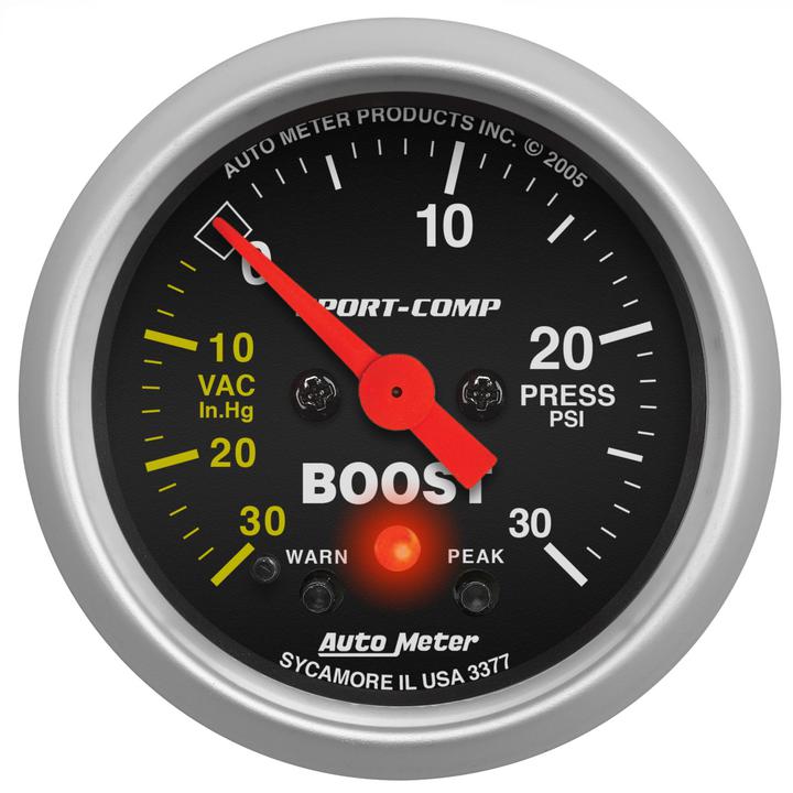 Autometer Sport-Comp 2-1/16in Boost/Vacuum Gauge 30in/Hg 30PSI Full Sweep Electric w/Peak AU3377