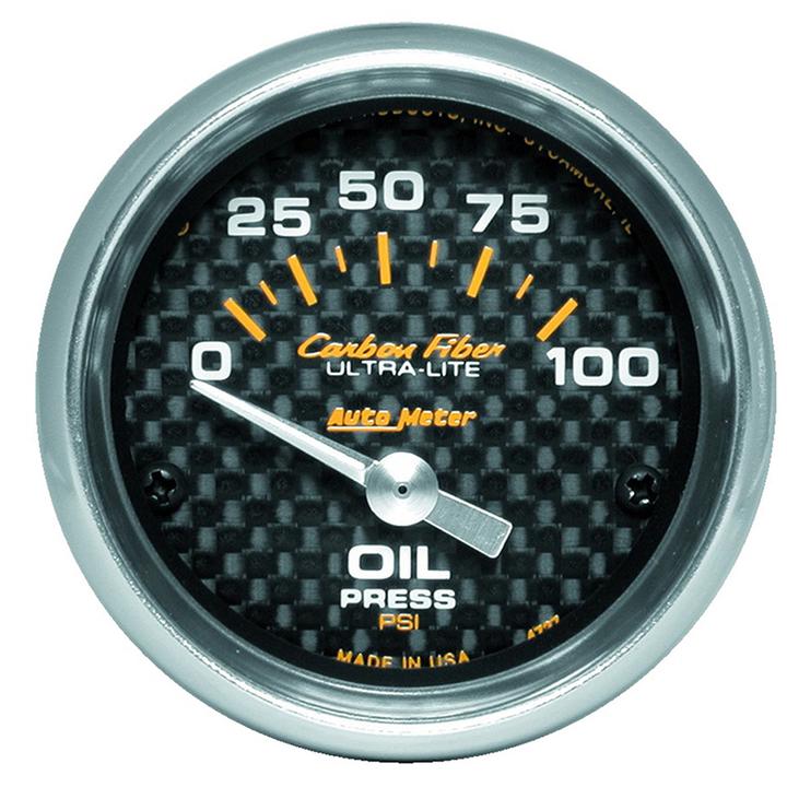 Autometer Carbon Fiber 2-1/16in Oil Pressure Gauge 0-100PSI Short Sweep Electric AU4727