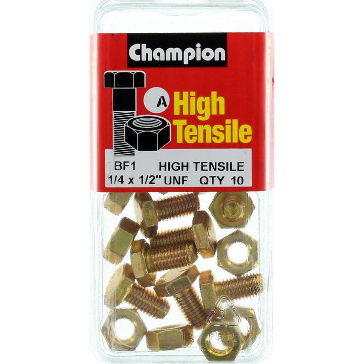 Champion Hex Nut & Screw Set 1/4"" x 1/2"" UNF High Tensile 10Pk BF1