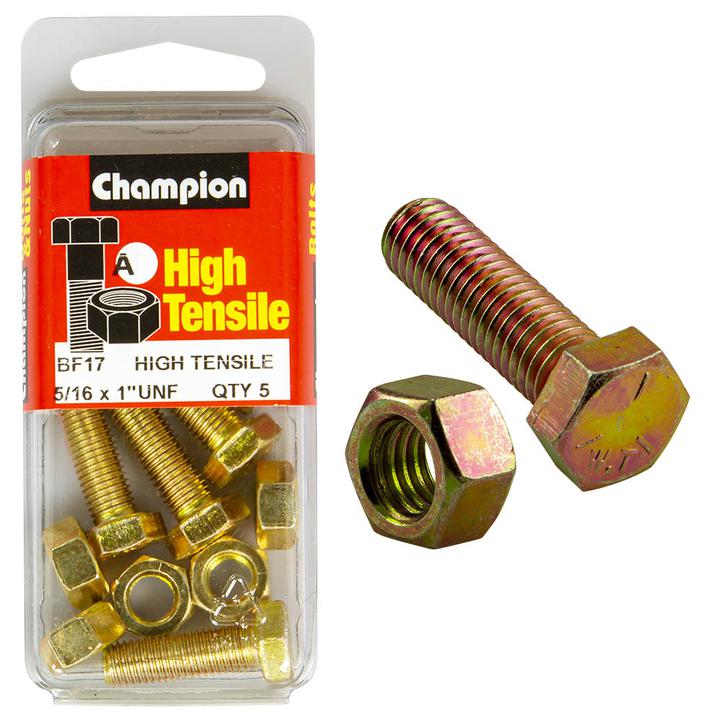 Champion Hex Nut & Screw Set 5/16"" x 1"" UNF High Tensile 10Pk BF17