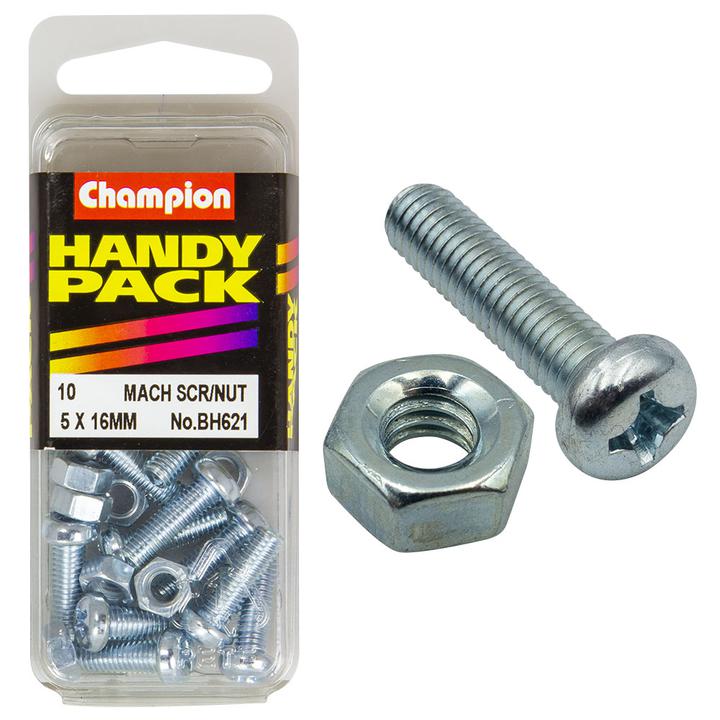 Champion Zinc Machine Screw & Nut Panhead Phillips M5 x 16mm 20Pk BH621