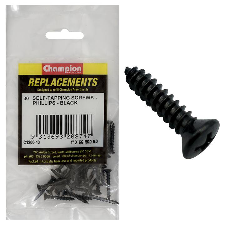 Champion Black Screw Self Tapp Raised Head Phillips 3.5 x 25mm 30Pk C1200-13
