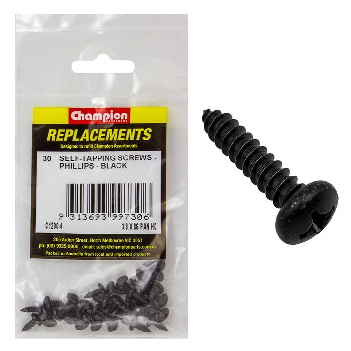 Champion Black Screw Self Tapp Panhead Phillips 4.2 x 9.5mm 30Pk C1200-4