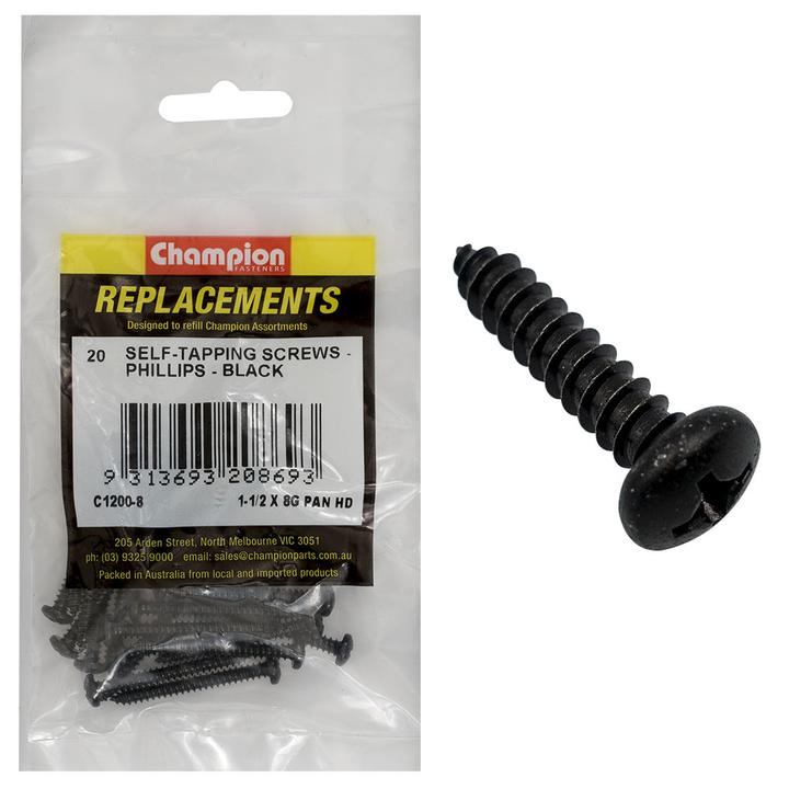 Champion Black Screw Self Tapp Panhead Phillips 4.2 x 38mm 20Pk C1200-8