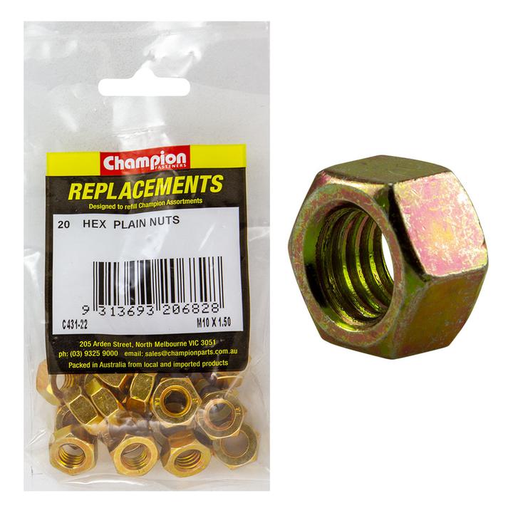 Champion Hex Nut Pack Plain HT M10 x 1.5mm 20Pk C431-22