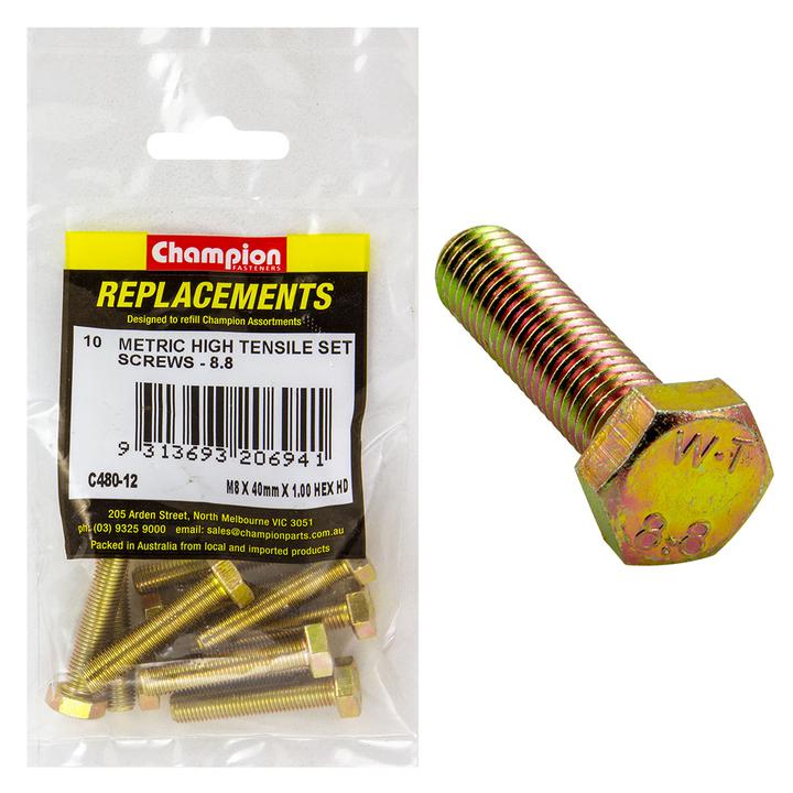 Champion Hex Screw Set HT M8 x 40 x 1.00mm 10Pk C480-12
