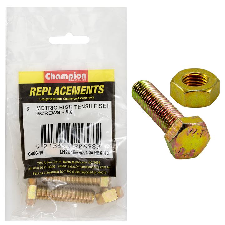 Champion Hex Nut M12 x 1.25mm & Screw 12 x 45 x 1.25 Set 6Pk C480-16