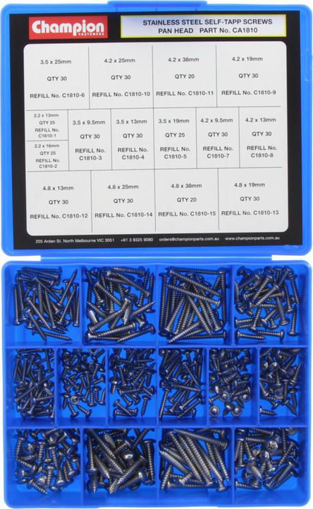 Champion Screw Self Tapp Panhead X'Recess Phillips Assortment Pack Metric 15 Sizes 415Pk CA1810