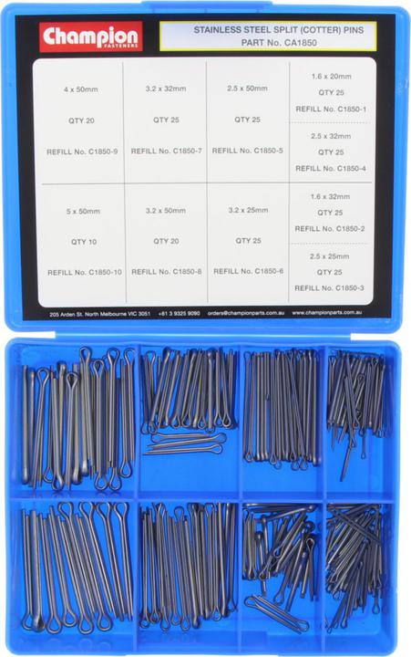 Champion Split Pin Cotter Assortment Pack Metric 10 Sizes 225Pk CA1850