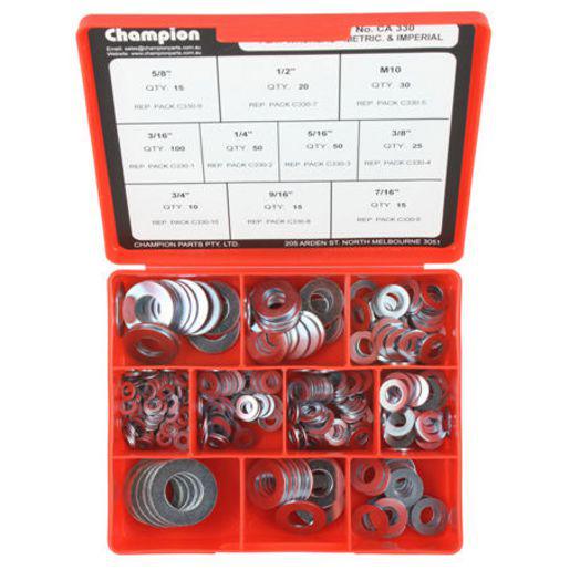 Champion Flat Steel Washer Assortment Pack Imperial/Metric 10 Sizes 330Pk CA330