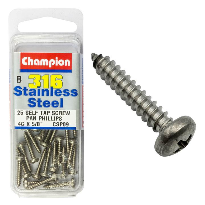 Champion Stainless Steel Screw Self Tapp Panhead Phillips 2.9x16mm-316/A4 25Pk CSP09