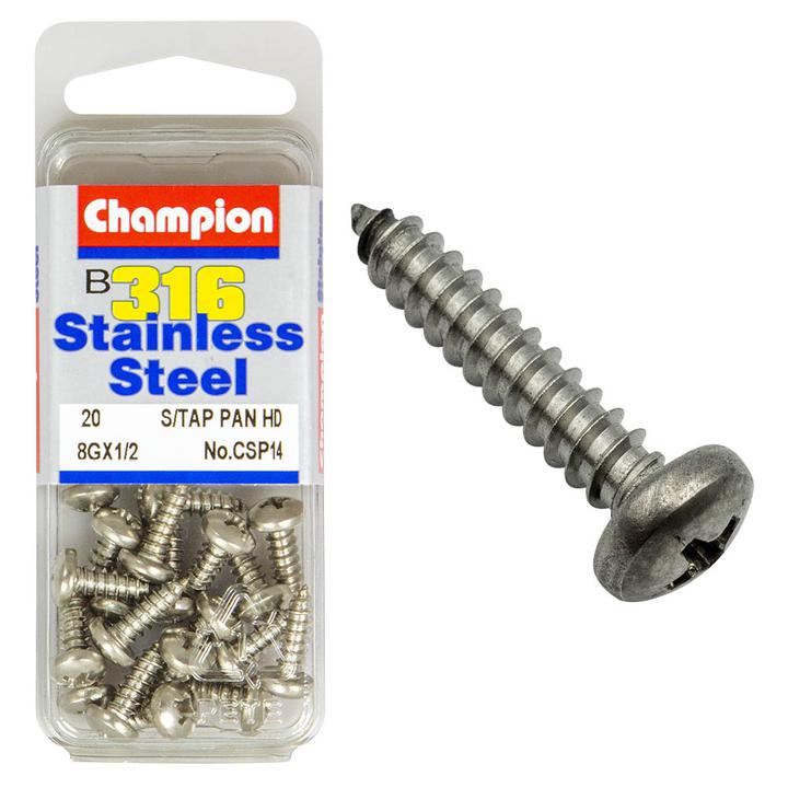 Champion Stainless Steel Screw Self Tapp Panhead Phillips 4.2x13mm-316/A4 20Pk CSP14