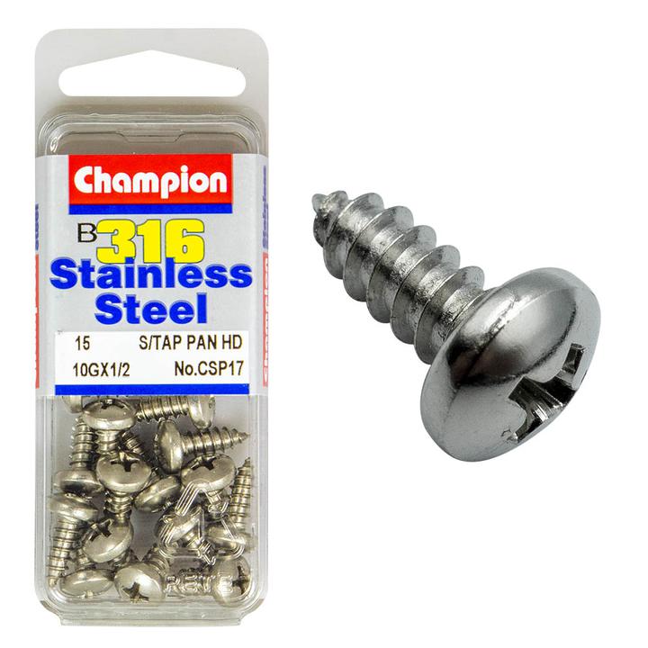 Champion Stainless Steel Screw Self Tapp Panhead Phillips 4.8x13mm-316/A4 15Pk CSP17
