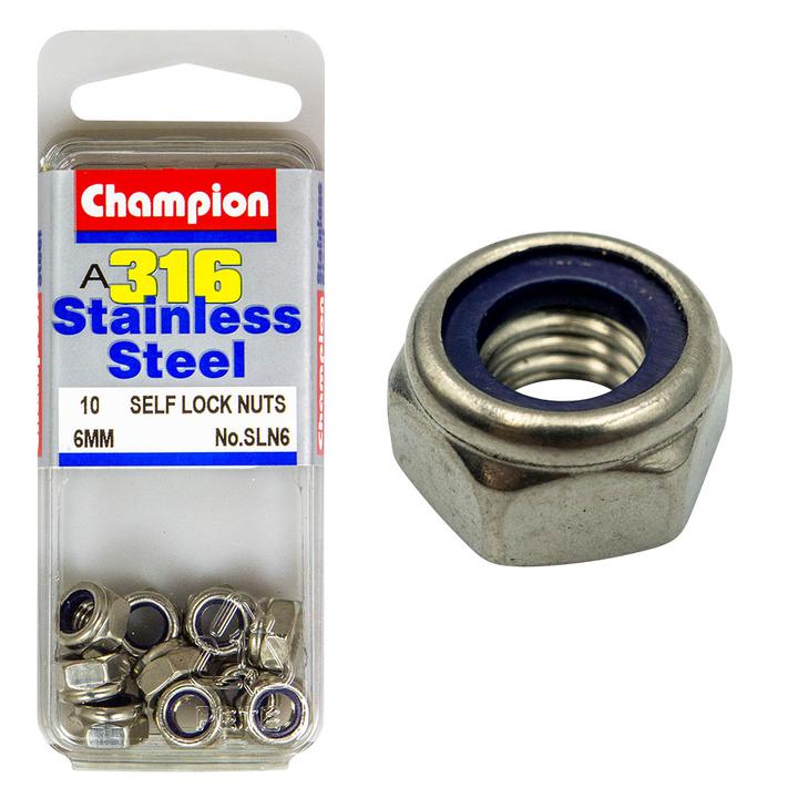 Champion Self Locking Hex Nut Nylon Stainless M6 x 1.00mm 10Pk SLN6