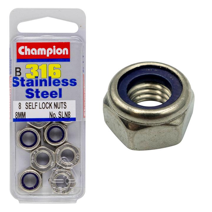 Champion Self Locking Hex Nut Nylon Stainless M8 x 1.25mm 8Pk SLN8