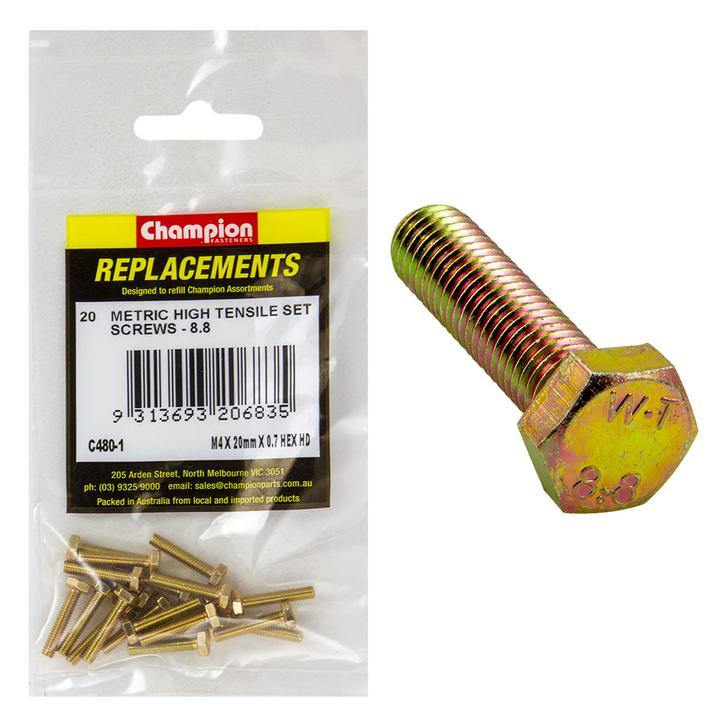 Champion Fasteners Hex Set High Tensile-M4 X 20mm-Grade 8.8 Screws C480-1