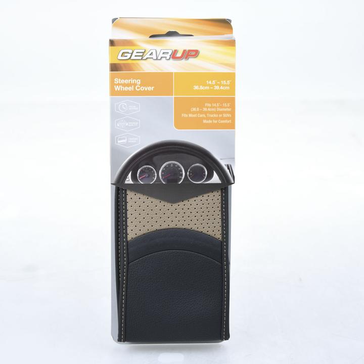 Gearup Steering Wheel Cover 36.8 x 39.4cm - Leatherette Two Tone Black & Slate GUSWCFLLS