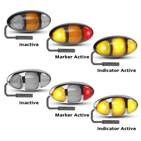 LED Autolamps Twin Function Side Indicator with Red/Amber Side Marker, Chrome Bezel and 3P Harness Kit 97x45x28mm 12-24V 97CARIMCSB