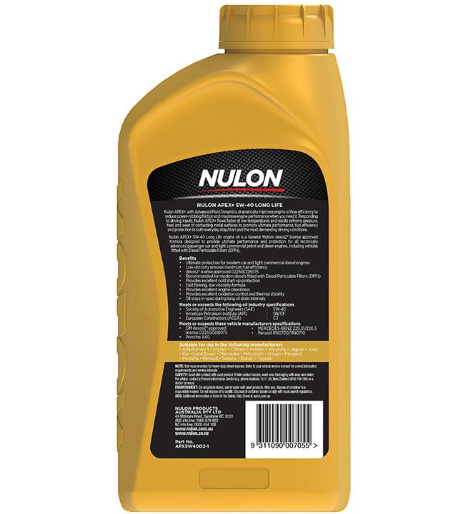 Nulon APEX+ 5W-40 Long Life Engine Oil 1L Full Synthetic APX5W40D2-1