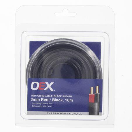 OEX Auto Cable 10A Twin Core 3mm x 10m Red/Black w/Black Sheath ACX0806-10BL