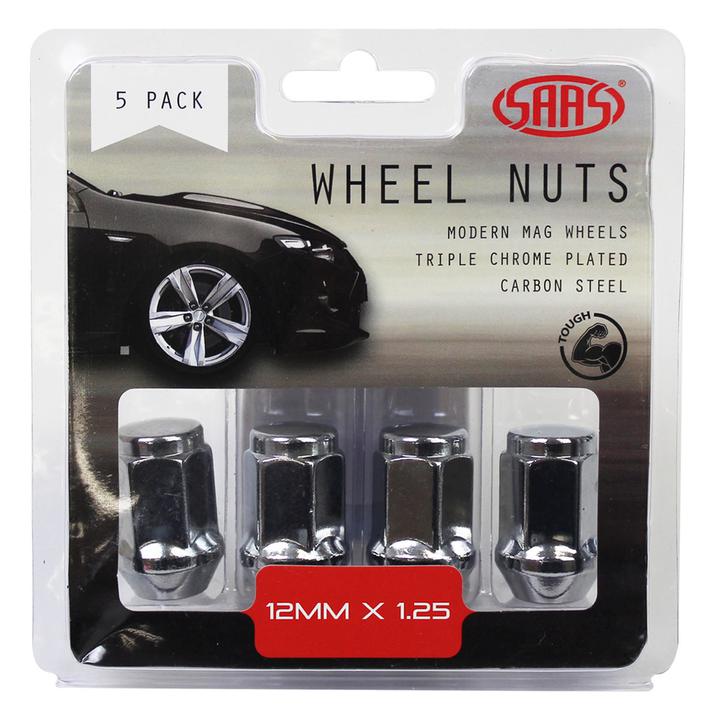 SAAS Wheel Nuts Flat Head Bulge M12x1.25 Chrome 35mm (5 Pack) 435955