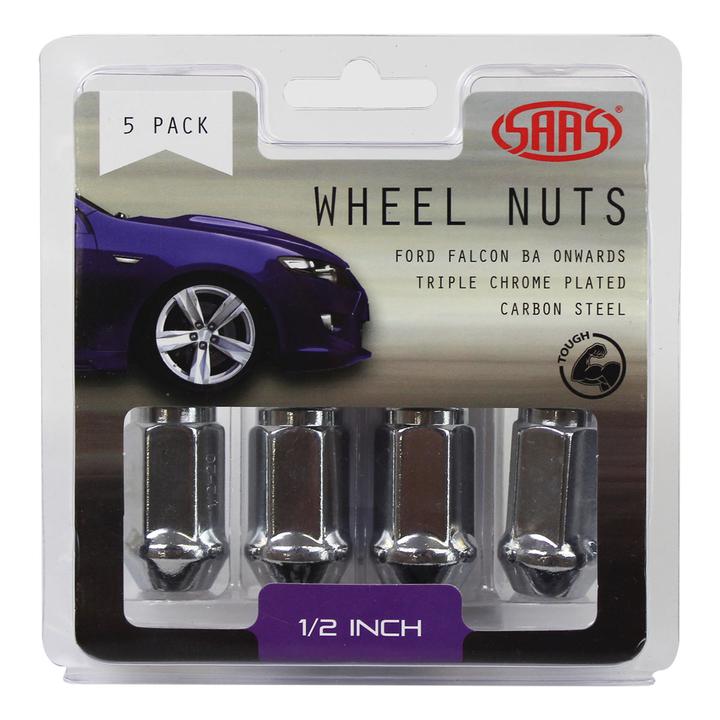 SAAS Wheel Nuts Flat Head Bulge 1/2"" Chrome 40mm (5 Pack) 440915