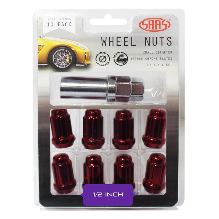 SAAS Wheel Nuts S/D 6 Spline 1/2"" (Inc Key) Red (10 Pack) 6330110R