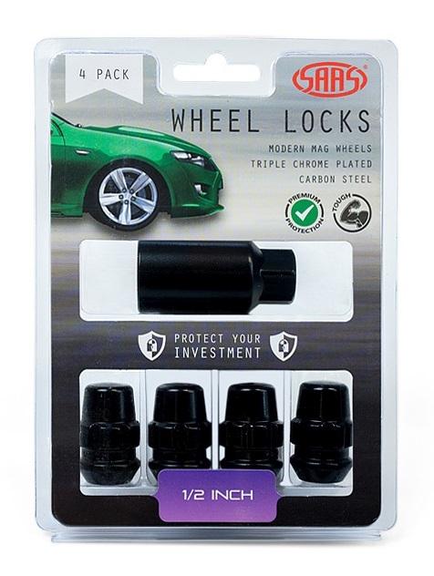 SAAS Locking Wheel Nuts Splined Acorn Bulge 1/2"" Black (4 Pack) 923321BC