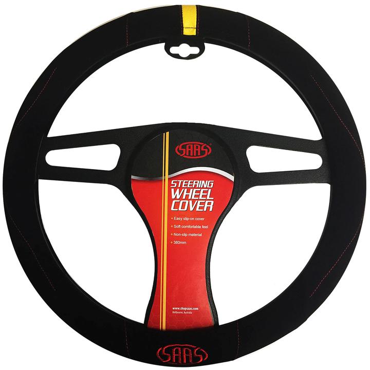SAAS Steering Wheel Cover - Black Suede With Logo 380mm SWC002