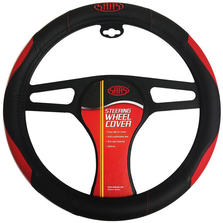 SAAS Steering Wheel Cover - Black-Red Poly With Logo 380mm SWC003