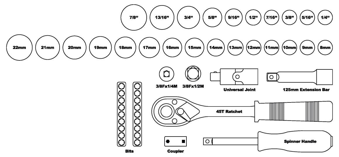 888 By SP Tools Socket Set 888 3/8"" Dr 12PT Metric/SAE 50Pc