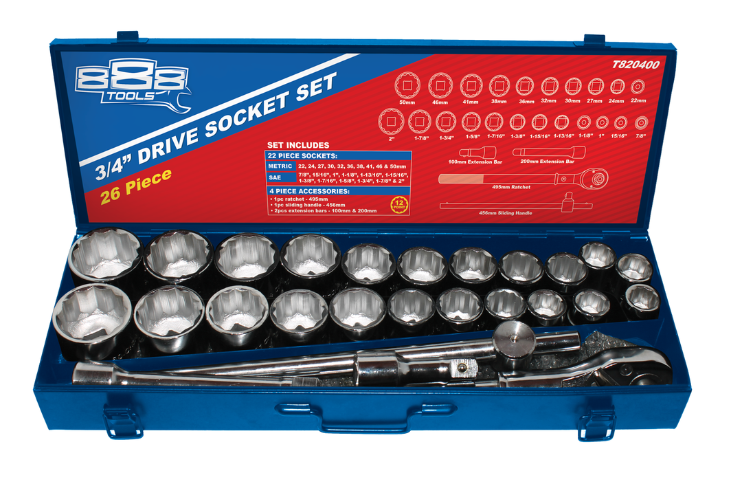 888 By SP Tools Socket Set 26Pc 12PT 3/4 Drive - Metal Box