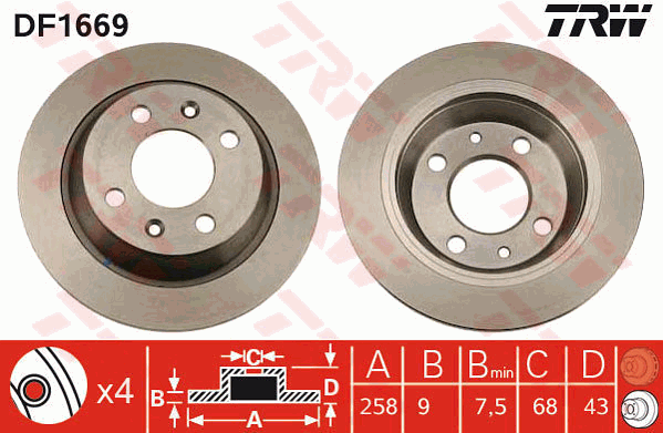 TRW Brake Rotor Single 258mm Rear DF1669S