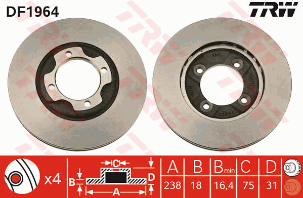 TRW Brake Rotor 238mm Front DF1964S