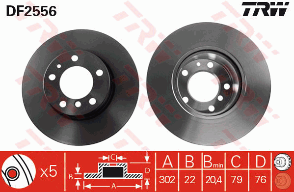 TRW Brake Rotor Single 302mm Front DF2556S