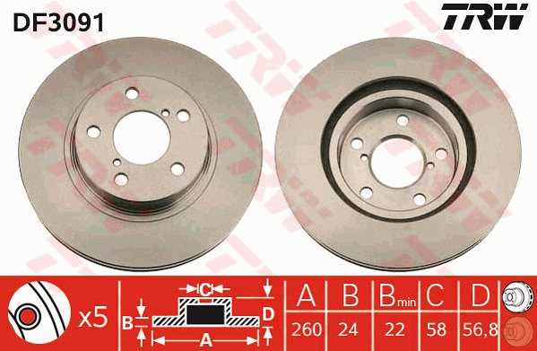 TRW Brake Rotor 260mm Front DF3091S