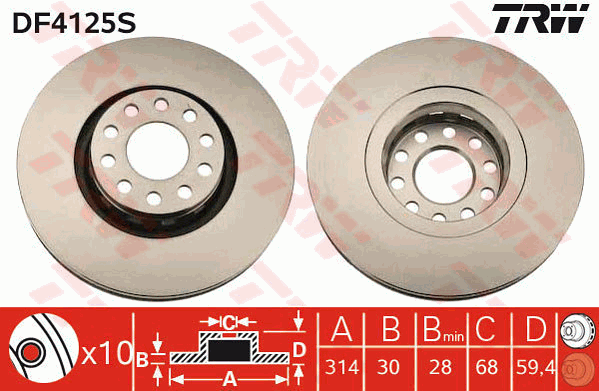 TRW Brake Rotor 258mm Front DF4125S