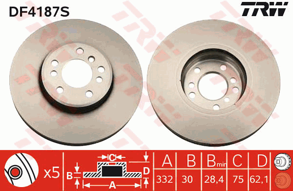 TRW Brake Rotor 332mm Front DF4187S