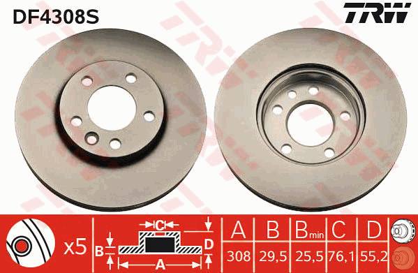 TRW Brake Rotor 308mm Front DF4308S