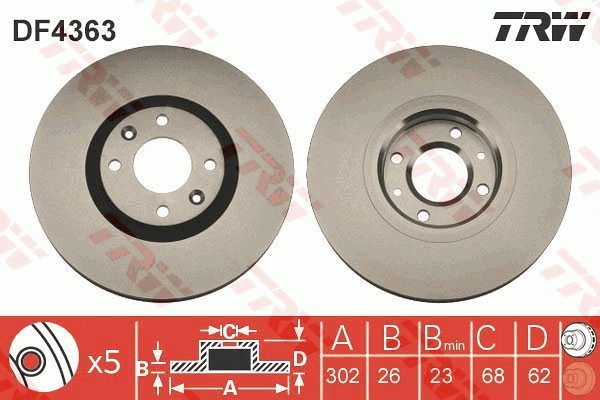 TRW Brake Rotor Single 302mm Front DF4363S