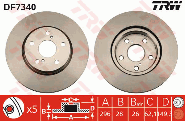 TRW Brake Rotor 296mm Front DF7340S