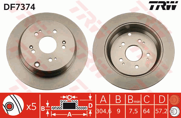 TRW Brake Rotor Single 305mm Rear DF7374S