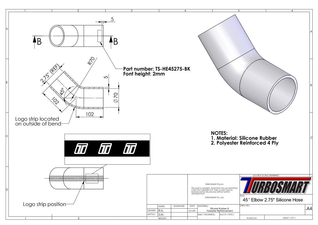 Turbosmart 45 Elbow 2.75"" (Black)